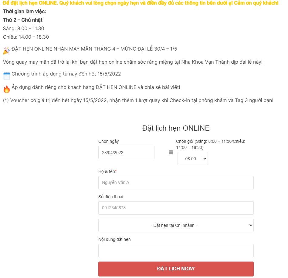 Đặt hẹn online cùng Vạn Thành!
