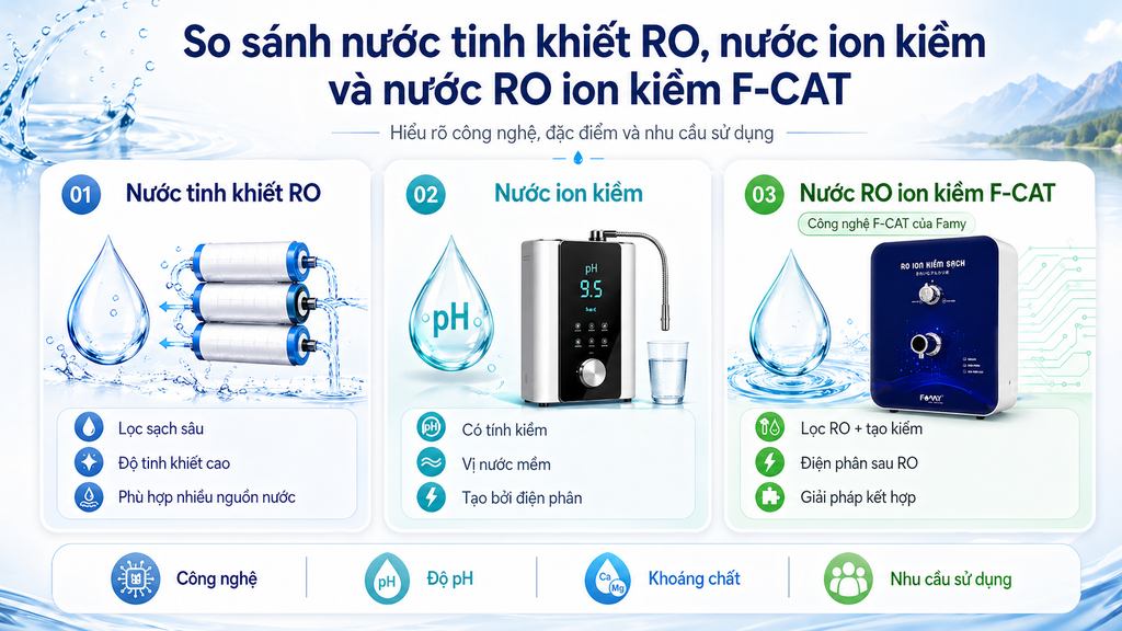 So sánh nước tinh khiết RO, nước ion kiềm và nước RO ion kiềm tạo bởi công nghệ F-CAT của Famy