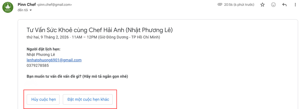 Hướng dẫn đổi hoặc hủy lịch tư vấn trong email xác nhận