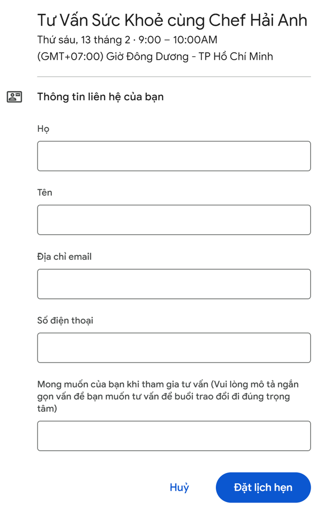 Hướng dẫn điền thông tin đặt lịch tư vấn