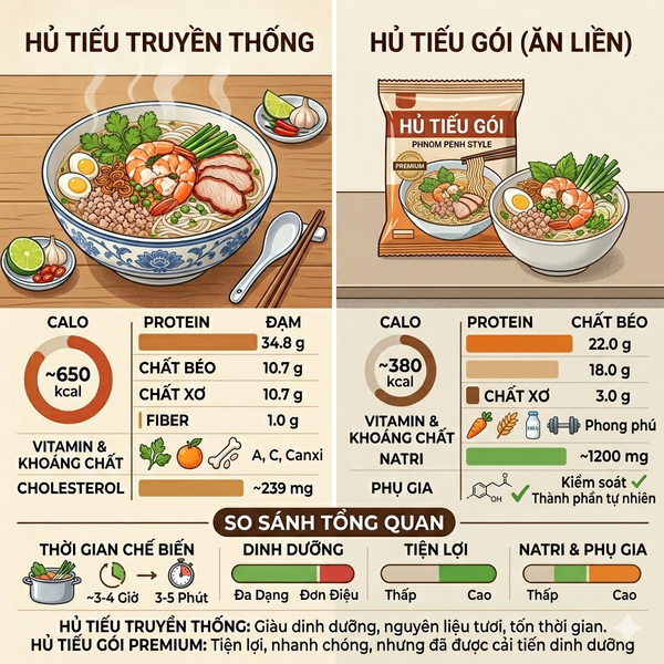 So sánh giá trị dinh dưỡng hủ tiếu truyền thống và hủ tiếu ăn liền