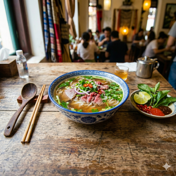 tô phở bò nóng hổi với rau thơm và nước dùng đậm đà