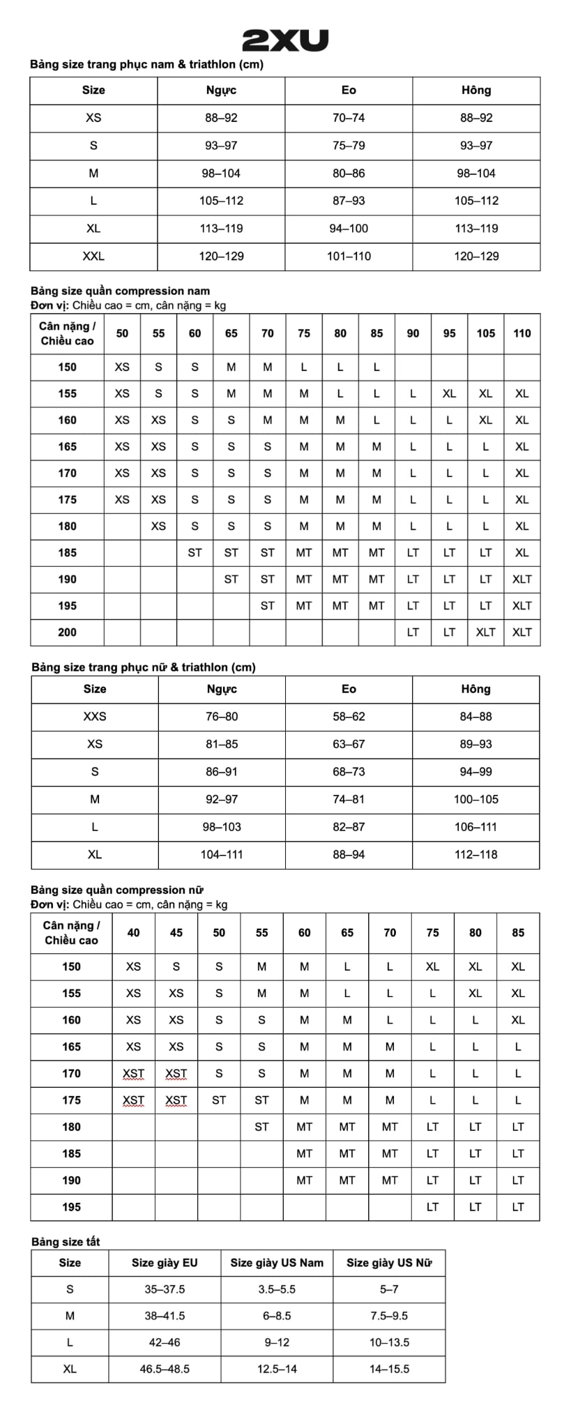Bảng size 2XU