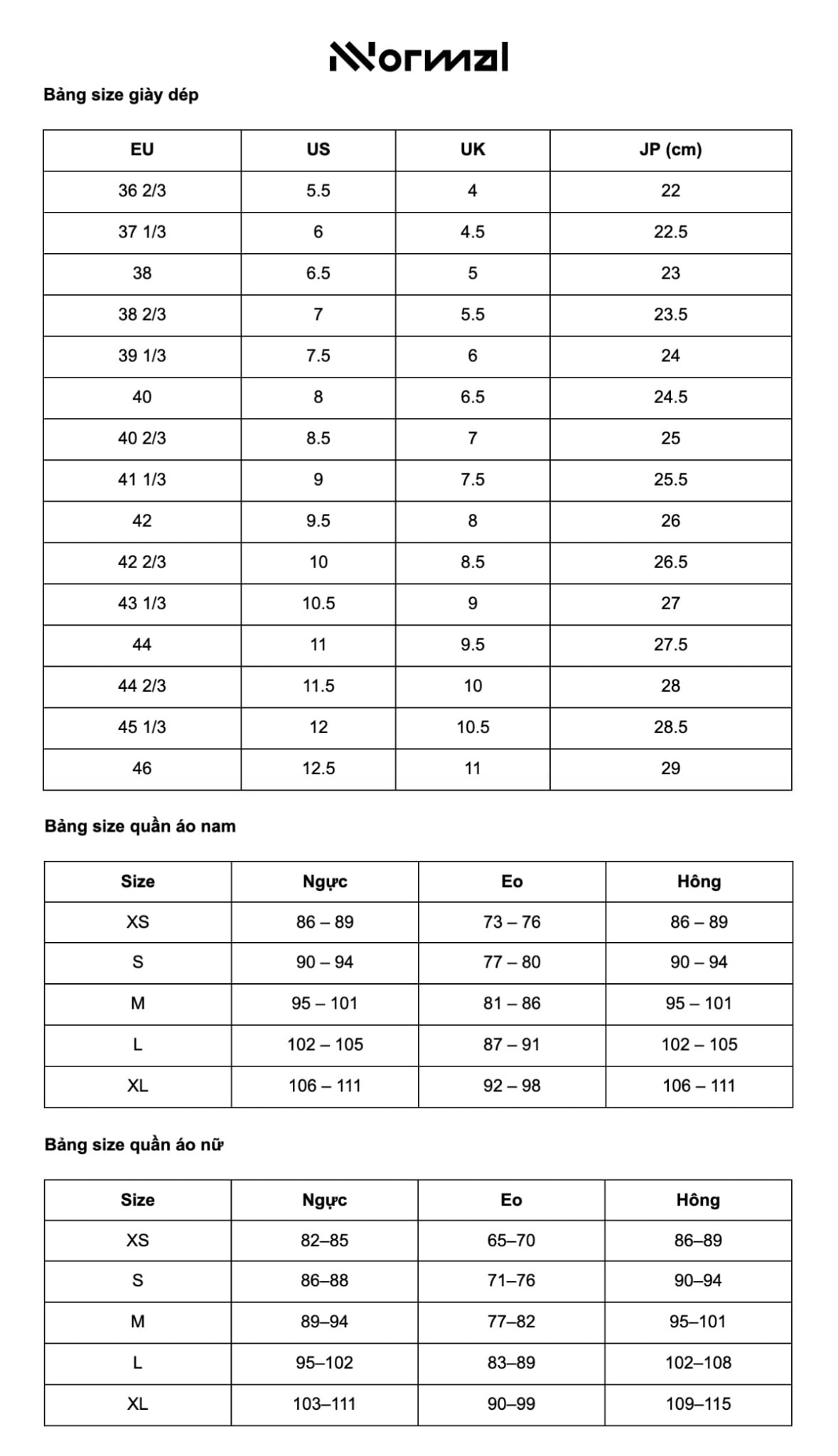 Bảng size NNormal