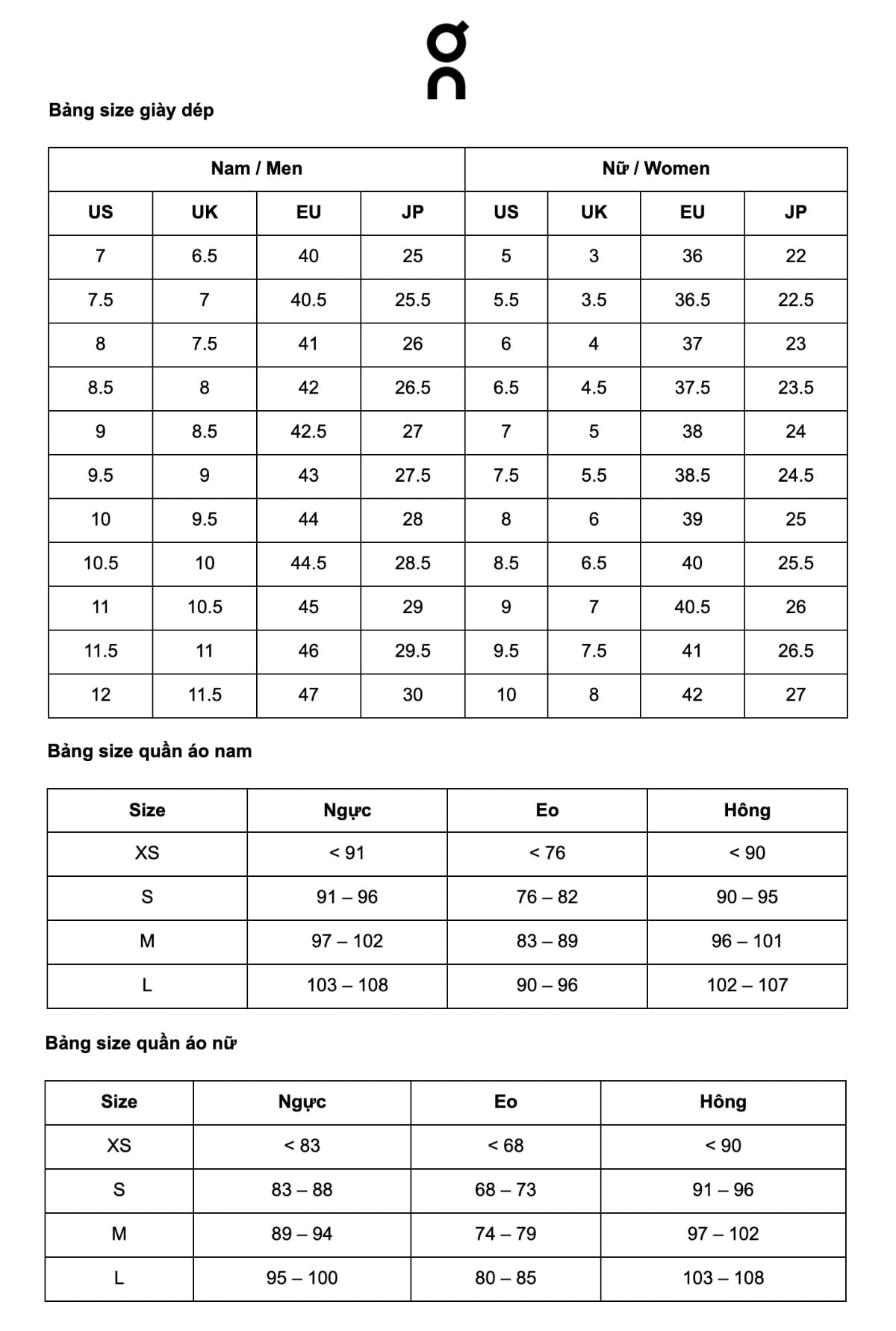 Bảng size On