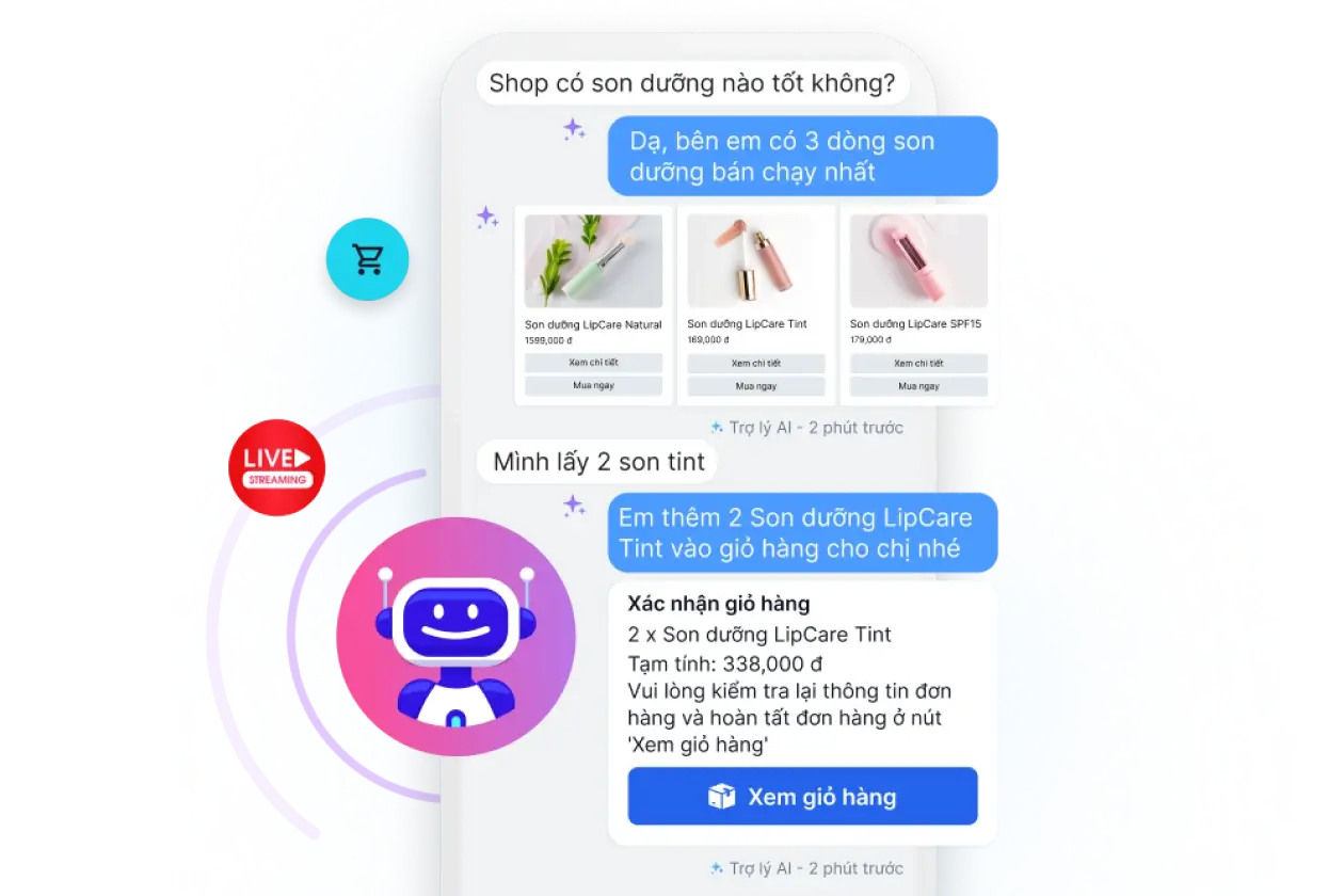 Chốt đơn Livestream với AI, tư vấn 24/7 như nhân viên thật, không bỏ lỡ khách.