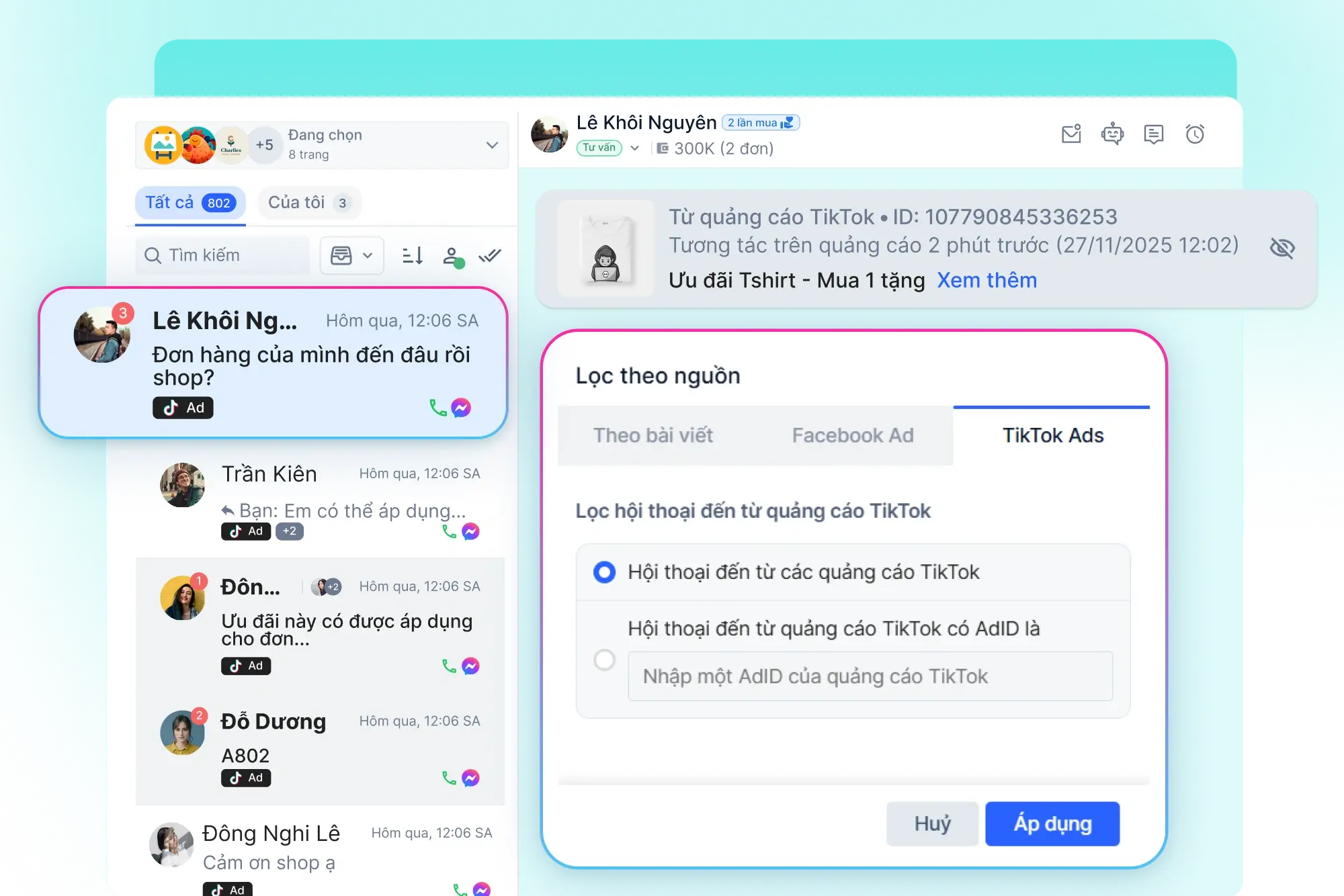 Lọc và phân loại hội thoại đến từ quảng cáo TikTok Ads 