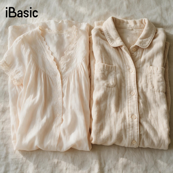 flat-lay hai chiếc váy ngủ cotton gấp cạnh nhau, một mỏng một dày