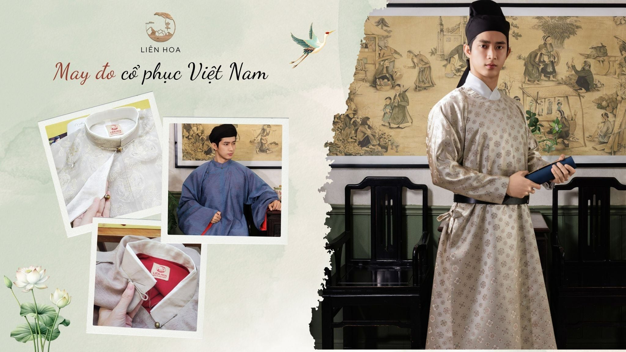 May đo cổ phục Việt Nam tại TP. HCM, với nhiều dạng thức như Áo tấc, áo ngũ thân tay chẽn, Nhật bình, Viên lĩnh, Giao lĩnh, Tứ điên, Trực lĩnh đối khâm,...
