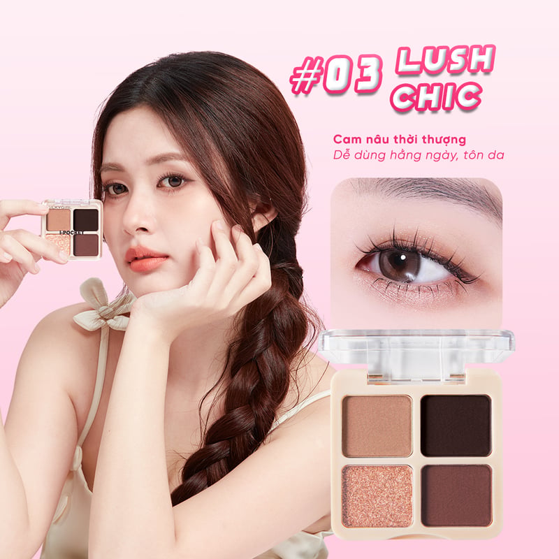 Tên sản phẩm:&nbsp;Bảng Phấn Mắt 4 Ô Silkygirl i-Pocket Shadow Quad 4g  Kết cấu:&nbsp;Dạng phấn  Dung tích:&nbsp;4g  Nơi sản xuất:&nbsp;Trung Quốc  Hạn sử dụng: 3 năm kể từ ngày sản xuất in trên bao bì  Thương hiệu: Silkygirl (Malaysia)  1. Thông tin sản phẩm  Bảng Phấn Mắt 4 Ô Silkygirl i-Pocket Shadow Quad&nbsp;là phấn mắt&nbsp;đến từ&nbsp;thương hiệu Silkygirl. Với&nbsp;chất phấn mịn, dễ tán, lên màu rõ, bền lâu dễ dàng layer nhiều lớp mà không bết dính và lên màu chuẩn giúp mang lại đôi mắt lung linh cuốn hút.  2. Bảng màu của Bảng Phấn Mắt 4 Ô Silkygirl i-Pocket Shadow Quad  Bảng Phấn Mắt 4 Ô Silkygirl i-Pocket Shadow Quad&nbsp;hiện đã có tại&nbsp;Thế giới Skinfood&nbsp;với những màu sau:  01 ROSE FANATIC: Hồng đào dịu nhẹ - Trang điểm trong trẻo, nữ tính&nbsp;  02 SMOKEY GLAZE: &nbsp;Nâu khói ánh nhũ hồng - Tạo chiều sâu, cuốn hút&nbsp;  03 LUSH CHIC: Cam nâu thời thượng - Dễ dùng hằng ngày, tôn da&nbsp;  3. Ưu điểm của Bảng Phấn Mắt 9 Ô Silkygirl Glow Up 9-Color Palette Bảng Phấn Mắt 9 Ô Silkygirl Glow Up 9-Color Palette&nbsp;hiện đã có tại&nbsp;Thế giới Skinfood&nbsp;có những đặc trưng nổi bật như sau:&nbsp;  Chất phấn mịn, dễ tán: Mềm mượt trên da, tán đều nhanh chóng. Hạn chế bột rơi, không vón Lên màu rõ, bền lâu: Màu sắc rõ ngay từ lần chạm đầu giữ lớp trang điểm suốt cả ngày  Bảng màu dễ dùng, dễ phối linh hoạt theo nhiều phong cách và phù hợp cả người mới bắt đầu&nbsp;  Vitamin E: Ngăn ngừa oxy hóa, dưỡng ẩm nhẹ, giúp da mềm mịn giúp nuôi dưỡng vùng da mí mắt mỏng manh mỗi khi sử dụng  Dịu nhẹ, an toàn: Không gây mụn, không bí da, phù hợp cả da nhạy cảm.  4. Đối tượng khuyên dùng:  Dành cho mọi loại da 5. Cách bảo quản  Nơi khô ráo thoáng mát.&nbsp;Tránh nhiệt độ cao hoặc ánh nắng trực tiếp.  Đậy nắp kín sau khi sử dụng.  6. Hướng dẫn sử dụng Thoa một lượng vừa phải lên mắt bằng cách sử dụng bằng đầu ngón tay, cọ hoặc mút trang điểm.. Thoa thêm một lần nữa nếu muốn sắc nét hơn.  7. Lưu ý khi sử dụng Tác dụng có thể khác nhau tùy cơ địa của người dùng  Màu sắc có thể khác nhau tùy thuộc vào ánh sáng, độ phân giải màn hình và sắc tố da  Tránh tiếp xúc với mắt Thế Giới Skinfood - Đại lý phân phối chính hãng các sản phẩm Silkygirl&nbsp;tại Việt Nam  Thế Giới Skinfood - Đơn vị cung cấp mỹ phẩm uy tín và chính hãng tại Việt Nam Thế Giới Skinfood&nbsp;ra đời vào năm 2013, là chuỗi cửa hàng quy tụ nhiều mỹ phẩm làm đẹp từ hơn 400 thương hiệu uy tín từ Hàn Quốc, Nhật Bản, Pháp, Hà Lan, … Với sự nỗ lực không ngừng và nhận được sự tin tưởng và ủng hộ đến nay Thế Giới Skinfood đã đạt được những con số không hề nhỏ trên các nền tảng:  Facebook: Hơn 2 triệu người theo dõi  Tiktok: Hơn 350 nghìn lượt theo dõi  Instagram: Hơn 260 nghìn lượt theo dõi  Shopee: Hơn 1.6 triệu người theo dõi  Thế Giới Skinfood&nbsp;cam kết mang đến đa dạng sản phẩm chính hãng 100% để nhu cầu mua sắm và làm đẹp của quý khách được đáp ứng tốt nhất.  