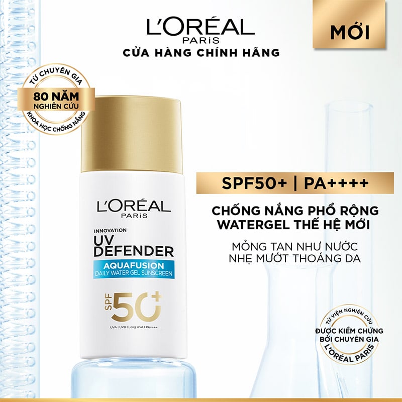 thegioiskinfood.com - L'oreal Uv Defender Aquafusion Daily Water Gel Sunscreen 50ml - Kem chống nắng mỏng tan như nước, dưỡng ẩm