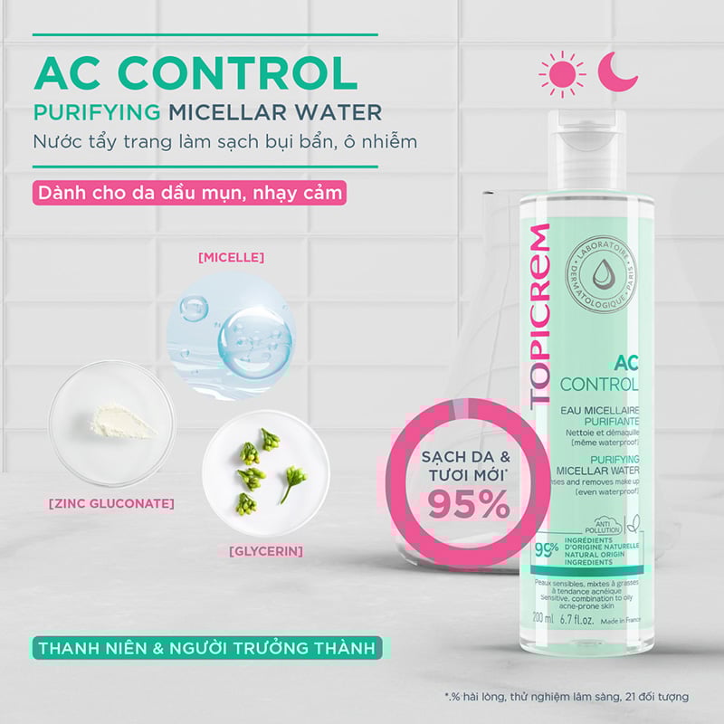 thegioiskinfood.com - Nước Tẩy Trang Cho Da Dầu Mụn Topicrem Ac Control Purifying Micellar Water 400ml