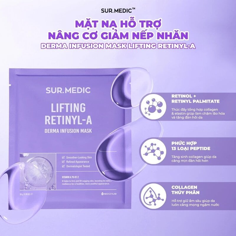 Sur.Medic+ Derma Infusion Mask Lifting Retinyl-A 28g - Màu tím: Hỗ trợ nâng cơ, cải thiện nếp nhăn
