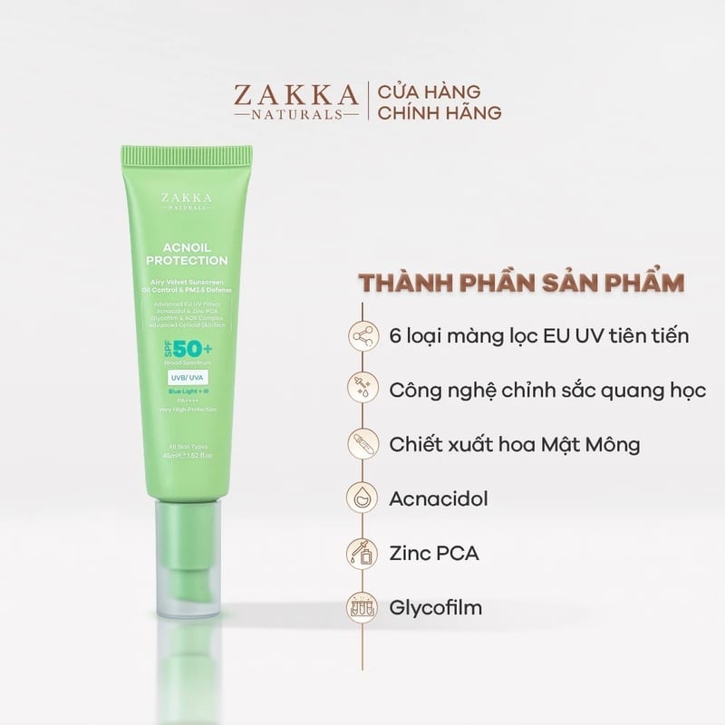 thegioiskinfood.com - Kem Chống Nắng Phổ Rộng Kiềm Dầu Zakka Naturals Acnoil Protection Airy Velvet Sunscreen Oil Control & PM2.5 Defense 45ml