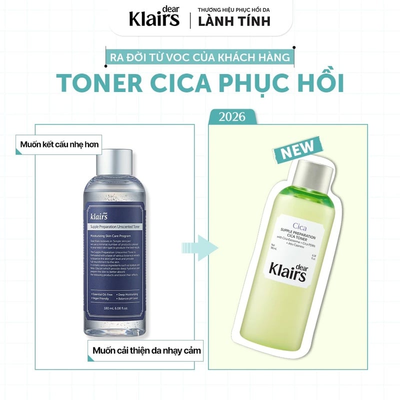 Nước Hoa Hồng Làm Dịu, Hỗ Trợ Phục Hồi Da Dear Klairs Supple Preparation Cica Toner 180ml