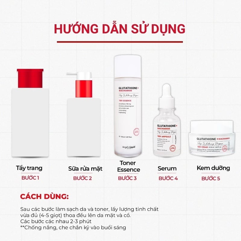 Tên sản phẩm: Nước Dưỡng Hỗ Trợ Làm Sáng Da, Thu Nhỏ Lỗ Chân Lông Angel's Liquid Glutathione + Niacinamide 700V Essence (Oily & Combined Skin) 150ml  Kết cấu: Dạng lỏng  Dung tích: 150ml  Thương hiệu: Angel's Liquid (Hàn Quốc)  Nơi sản xuất: Hàn Quốc  Hạn sử dụng: 36 tháng kể từ ngày sản xuất in trên bao bì  1. Thông tin sản phẩm Nước Dưỡng Hỗ Trợ Làm Sáng Da, Thu Nhỏ Lỗ Chân Lông Angel's Liquid Glutathione + Niacinamide 700V Essence (Oily & Combined Skin) là nước hoa hồng dòng Glutathione đến từ thương hiệu Angel's Liquid, có kết cấu dạng essence đa công dụng, vừa bổ sung dưỡng chất và cấp ẩm cho làn da vừa giúp thu nhỏ lỗ chân lông hiệu quả, mang lại làn da mịn màng, căng mướt. Đồng thời giúp da hỗ trợ dưỡng trắng.&nbsp;    2. Ưu điểm của Nước Dưỡng Hỗ Trợ Làm Sáng Da, Thu Nhỏ Lỗ Chân Lông Angel's Liquid Glutathione + Niacinamide 700V Essence (Oily & Combined Skin) Nước Dưỡng Hỗ Trợ Làm Sáng Da, Thu Nhỏ Lỗ Chân Lông Angel's Liquid Glutathione + Niacinamide 700V Essence (Oily & Combined Skin)&nbsp;hiện đã có mặt tại Thế Giới Skinfood với những đặc trưng nổi bật như sau:  Dưỡng trắng, thu nhỏ lỗ chân lông: Niacinamide 2000mg với khả năng hỗ trợ dưỡng trắng và thu nhỏ lỗ chân lông, với kết cấu dạng essence cùng nồng độ hoạt chất cao giúp hạn chế quá trình sản xuất Melanin, từ đó cải thiện thâm sạm, tàn nhang và hỗ trợ làm mờ các vết thâm mụn.  Dưỡng da đều màu: Glutathione 700mg có tác dụng hỗ trợ dưỡng sáng da, giúp da sáng mịn, đều màu hơn.  Cân bằng da: Sản phẩm có độ pH lý tưởng giúp cân bằng da sau các bước làm sạch.  Có thể thay toner: Sản phẩm có thể thay thế được Toner giúp tối giản được các bước trong quy trình dưỡng da.  Không gây bết rít: Dưỡng chất lỏng nhẹ thấm nhanh, không gây bết rít, hạn chế tình trạng đổ dầu trên da.&nbsp;  3. Đối tượng khuyên dùng Dành cho mọi loại da  Dành cho làn da sạm màu, tối màu  Dành cho những làn da xuất hiện lão hóa  4. Cách bảo quản Tránh ánh nắng trực tiếp  Để nơi khô ráo, thoáng mát  Đậy nắp kín sau khi sử dụng  5. Hướng dẫn sử dụng Sau khi làm sạch da, lấy một lượng vừa đủ vào lòng bàn tay hoặc bông tẩy trang, thoa đều khắp mặt theo chiều kết cấu da, vỗ nhẹ để dưỡng chất được hấp thụ tối đa.  6. Những lưu ý khi sử dụng Tác dụng của sản phẩm sẽ khác nhau tùy vào cơ địa của mỗi người. Với làn da nhạy cảm bạn nên thử sản phẩm ở một vùng nhỏ trước khi sử dụng cho toàn khuôn mặt.        Thế Giới Skinfood - Đại lý phân phối chính hãng các sản phẩm ANGEL'S LIQUID tại Việt Nam     Thế Giới Skinfood - Đơn vị cung cấp mỹ phẩm uy tín và chính hãng tại Việt Nam Thế Giới Skinfood&nbsp;ra đời vào năm 2013, là chuỗi cửa hàng quy tụ nhiều mỹ phẩm làm đẹp từ hơn 400 thương hiệu uy tín từ Hàn Quốc, Nhật Bản, Pháp, Hà Lan, … Với sự nỗ lực không ngừng và nhận được sự tin tưởng và ủng hộ đến nay Thế Giới Skinfood đã đạt được những con số không hề nhỏ trên các nền tảng:  Facebook: Hơn 2 triệu người theo dõi  Tiktok: Hơn 350 nghìn lượt theo dõi  Instagram: Hơn 260 nghìn lượt theo dõi  Shopee: Hơn 1.6 triệu người theo dõi  Thế Giới Skinfood&nbsp;cam kết mang đến đa dạng sản phẩm chính hãng 100% để nhu cầu mua sắm và làm đẹp của quý khách được đáp ứng tốt nhất.  