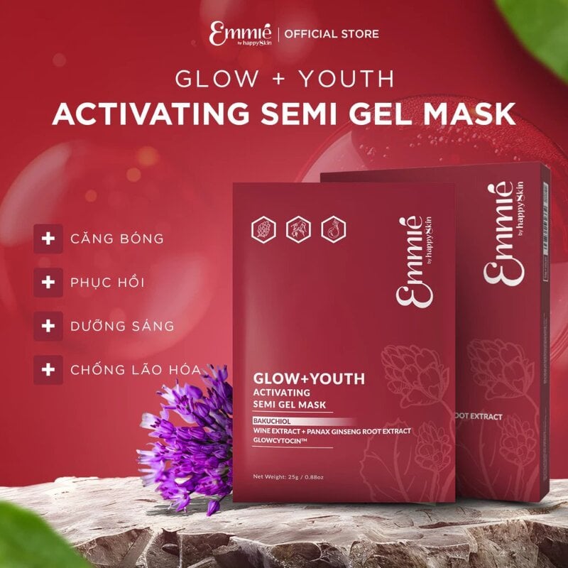 Mặt Nạ Dưỡng Da, Hỗ Trợ Trẻ Hóa, Căng Bóng Mờ Nhăn Emmié by Happyskin Glow + Youth Activating Semi Gel Mask