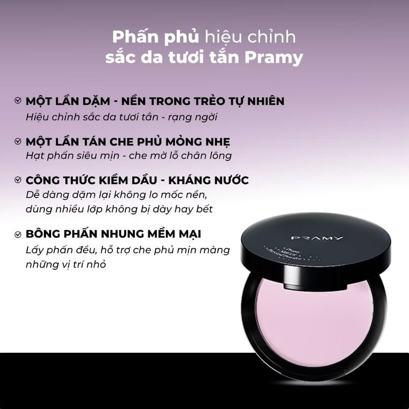 Phấn Phủ Nén Hiệu Chỉnh Sắc Da Tươi Tắn Pramy Sheer Pressed Powder 8g #Luminous Lavender