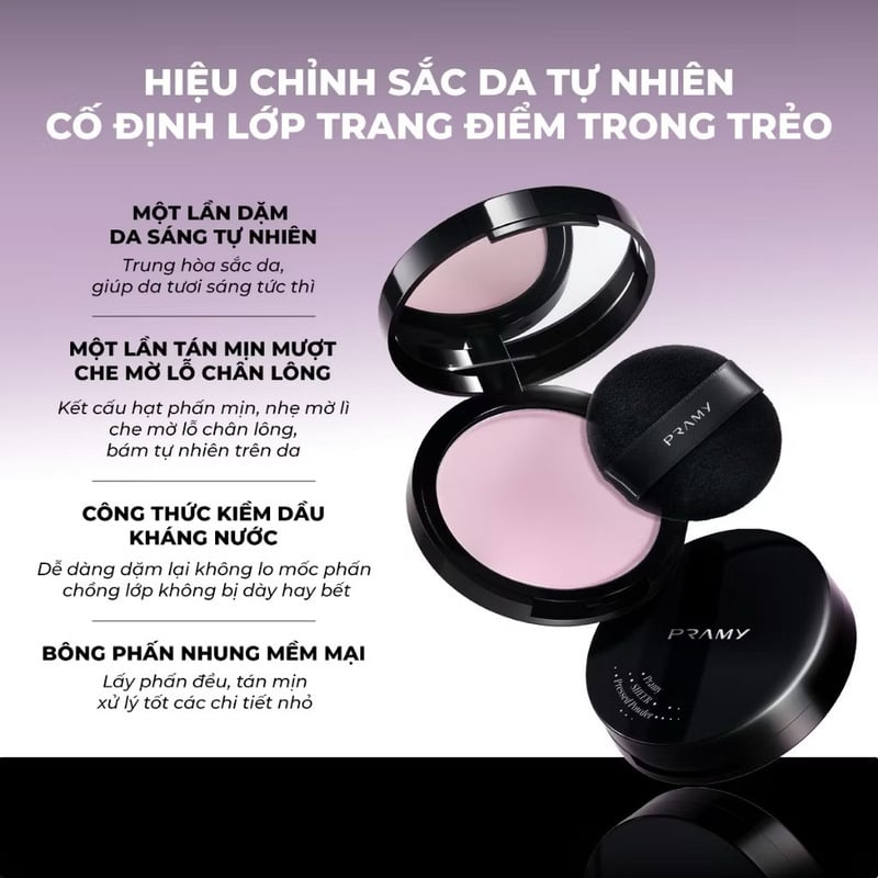 Phấn Phủ Nén Hiệu Chỉnh Sắc Da Tươi Tắn Pramy Sheer Pressed Powder 8g #Luminous Lavender