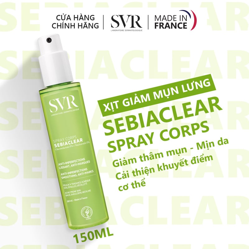 thegioiskinfood.com - Xịt Hỗ Trợ Giảm Mụn Lưng & Cơ Thể, Mờ Thâm Mụn SVR Sebiaclear Spray Corps 150ml