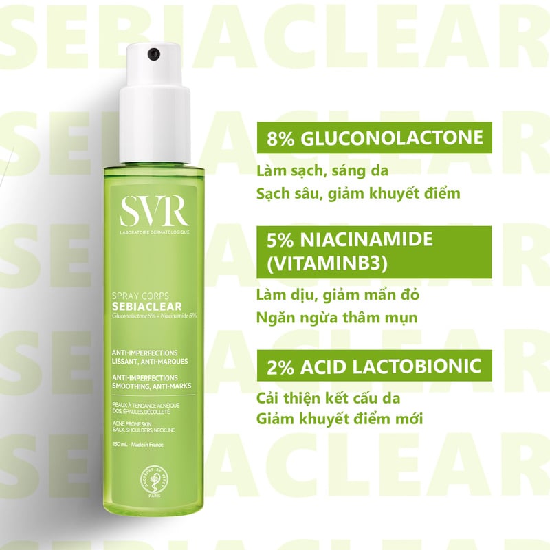 thegioiskinfood.com - Xịt Hỗ Trợ Giảm Mụn Lưng & Cơ Thể, Mờ Thâm Mụn SVR Sebiaclear Spray Corps 150ml
