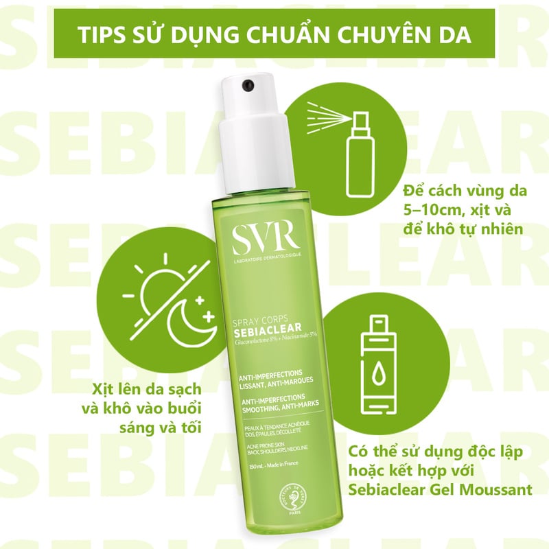 thegioiskinfood.com - Xịt Hỗ Trợ Giảm Mụn Lưng & Cơ Thể, Mờ Thâm Mụn SVR Sebiaclear Spray Corps 150ml