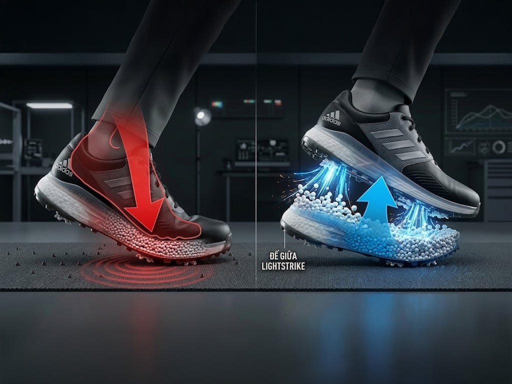 Hình ảnh minh họa lớp đệm bọt xốp Lightstrike siêu nhẹ trên giày golf Adidas R2C 26, giúp hoàn trả năng lượng và trợ lực tối đa khi đi bộ.