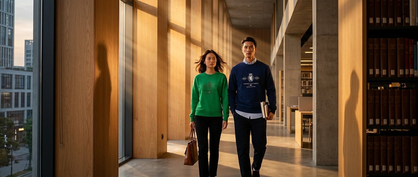 Xu Hướng Varsity Crest: Cách Phối Áo Nỉ Tommy Hilfiger Chuẩn Preppy