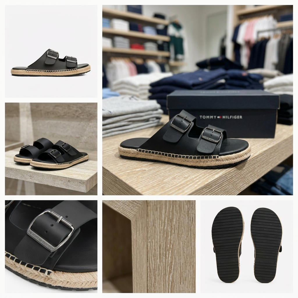 Ảnh thực tế tại ULA - Tommy Hilfiger - Dép quai ngang nam Jute Slip-On Sandals With Leather
