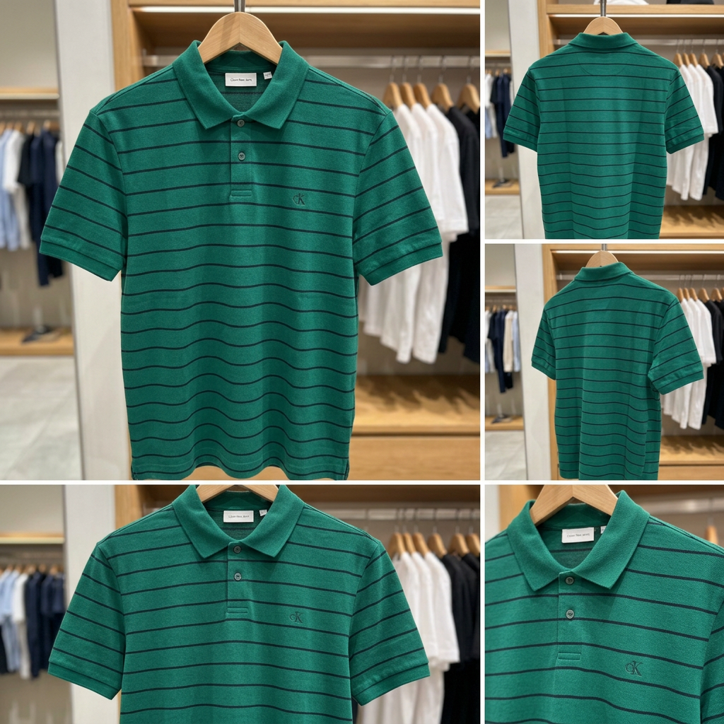 Ảnh thực tế tại ULA - Calvin Klein - Áo Polo Nam Short Sleeve Striped Pique Monogram Polo
