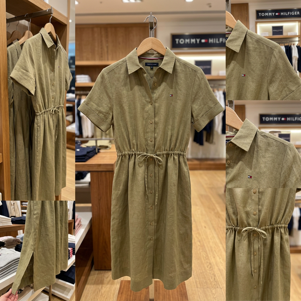 Ảnh thực tế tại ULA - Tommy Hilfiger - Đầm Nữ Linen Short Sleeve Midi Shirt Dress