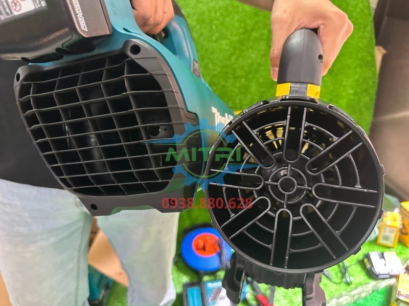Đầu gió và khu vực quạt máy thổi lá Makita DUB184Z trong hình so sánh