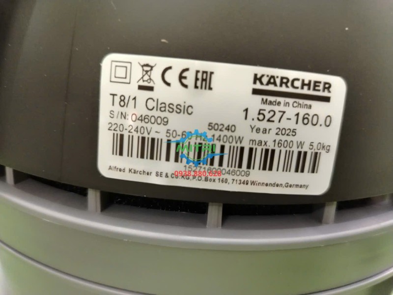 Tem thông số kỹ thuật máy hút bụi Kärcher T 8/1 Classic