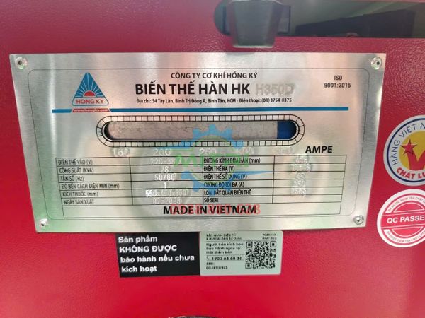 Tem thông số máy biến thế hàn Hồng Ký HK-H350D