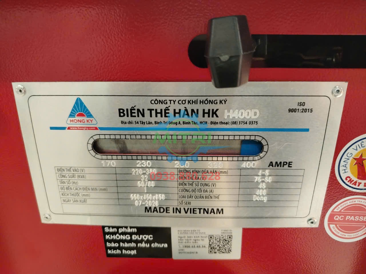 Tem thông số máy biến thế hàn Hồng Ký HK-H400D cần kiểm tra khi nhận hàng