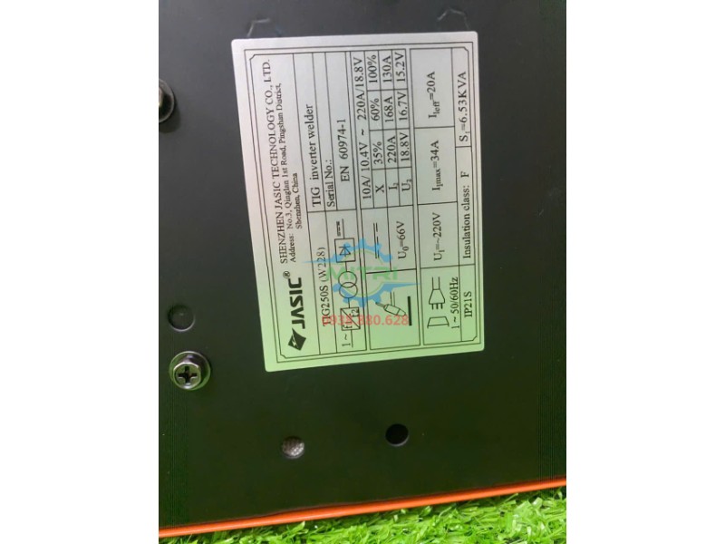 Tem thông số Jasic TIG250S W228 220V công suất 6.53KVA