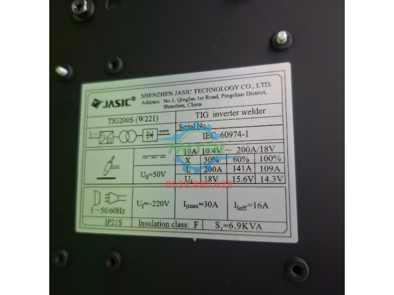 Tem thông số kỹ thuật máy hàn TIG Jasic 200S W221