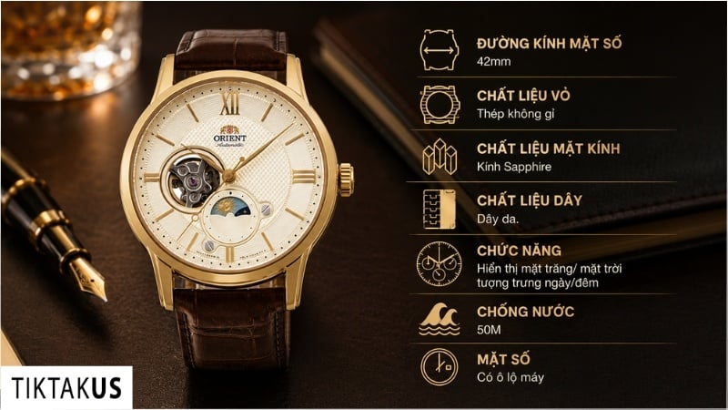 Đồng hồ đeo tay nam Orient Sun and Moon Open Heart Gold RA-AS0010S30B RA-AS0010S10B