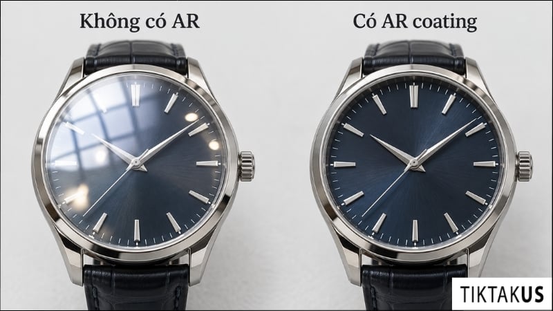 So sánh mặt kính đồng hồ có và không có AR coating