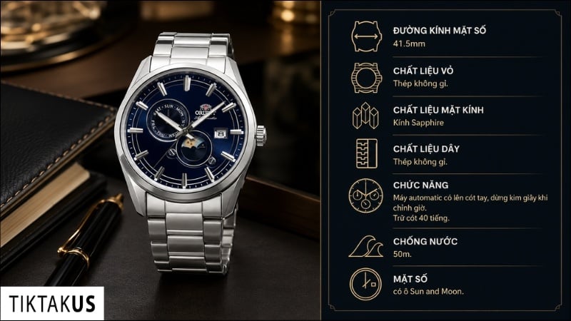 Đồng hồ nam Orient Sun and Moon Stretto RA-AK0315L30B Automatic kính Sapphire size 41.5mm dây kim loại