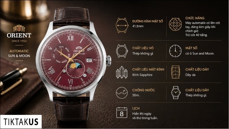 Đồng hồ đeo tay nam Orient Sun and Moon RA-AK0807R30B size 41.5mm