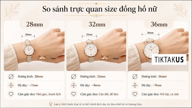 So sánh trực quan đồng hồ nữ 28mm, 32mm, 36mm trên cùng một cổ tay; có chú thích đường kính, độ dày và cảm giác đeo