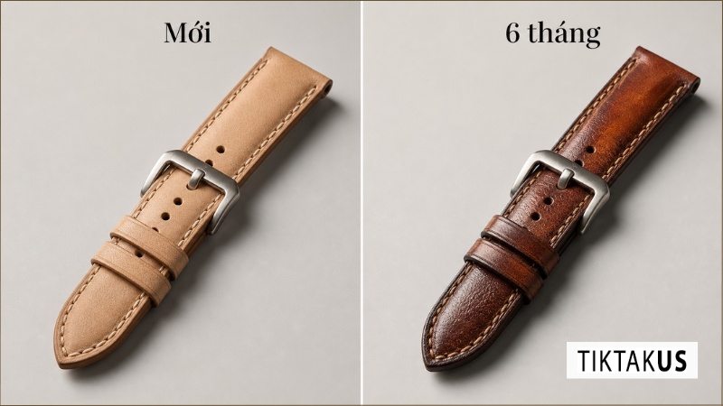 Ghép Before & After minh họa sự đổi màu Patina rõ rệt trên dây đồng hồ da veg sau 6 tháng sử dụng