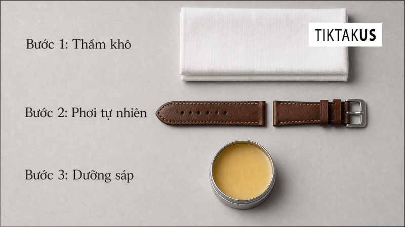 Các dụng cụ bảo dưỡng chuyên dụng bao gồm khăn cotton, sáp Mink Oil cùng sản phẩm dây da đồng hồ
