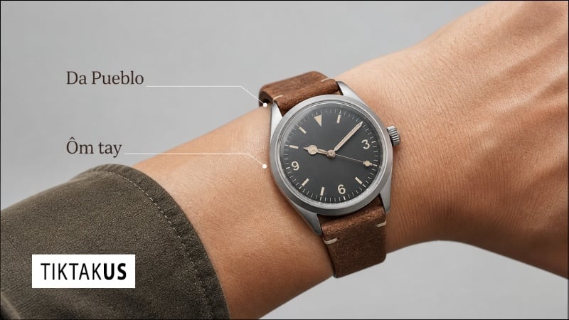 Đồng hồ cơ Seiko Alpinist lên tay với dây da Pueblo ôm sát cấu trúc xương cổ tay người đeo