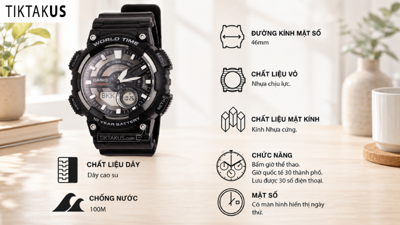 Đồng hồ Casio AEQ-110W-1BVCF - Pin 10 năm