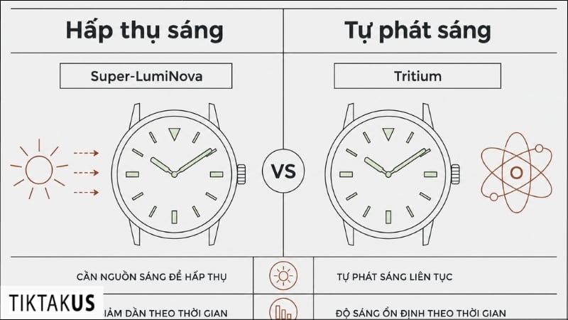 Hai nhóm vật liệu dạ quang trên đồng hồ