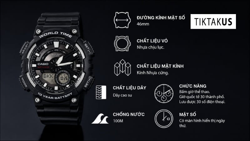 Đồng hồ Casio AEQ-110W-1BVCF - Pin 10 năm