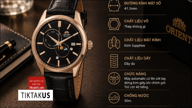Đồng hồ nam Orient Sun and Moon Gen 5 RA-AK0309B30B Rose Gold Automatic kính Sapphire size 41.5mm