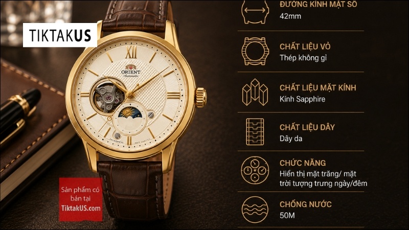 Đồng hồ đeo tay nam Orient Sun and Moon Open Heart Gold RA-AS0010S30B RA-AS0010S10B